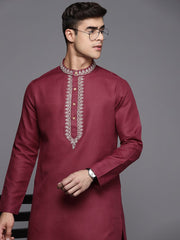 Ethnic Motifs Yoke Design Linen Blend Thread Work Kurta - Inddus.com