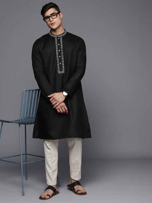 Ethnic Motifs Yoke Design Linen Blend Thread Work Kurta - Inddus.com