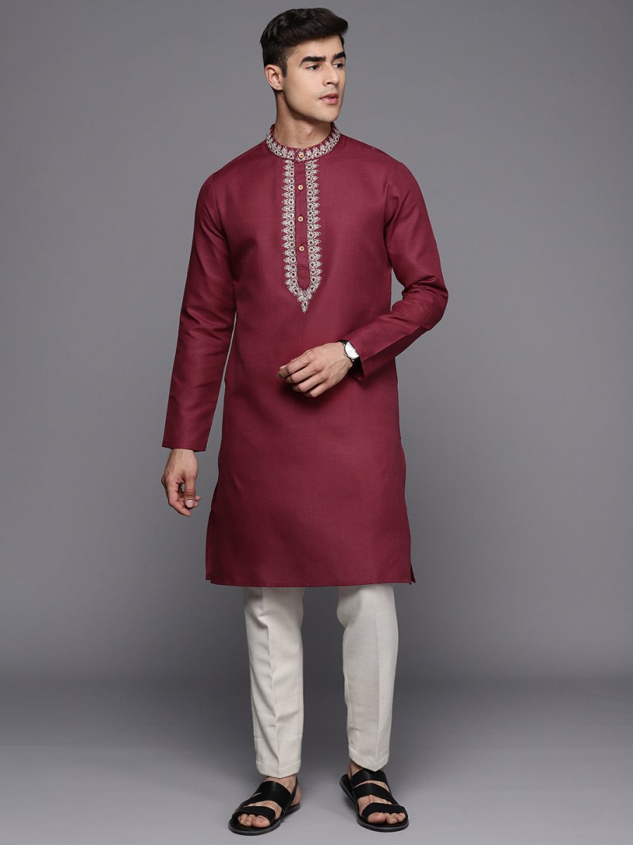 Ethnic Motifs Yoke Design Linen Blend Thread Work Kurta - Inddus.com