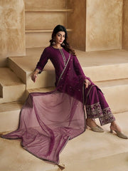 Ethnic Motifs Yoke Design Pure Silk Kurta with Trousers & Dupatta - Inddus.com