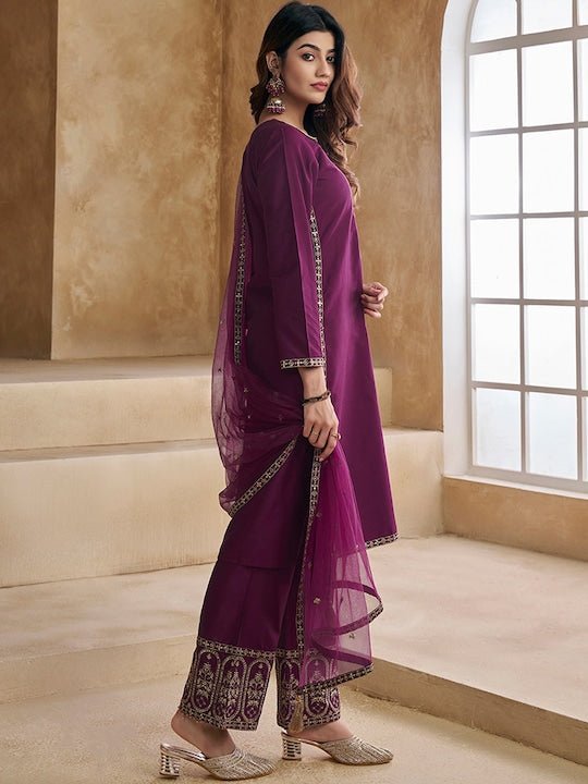 Ethnic Motifs Yoke Design Pure Silk Kurta with Trousers & Dupatta - Inddus.com