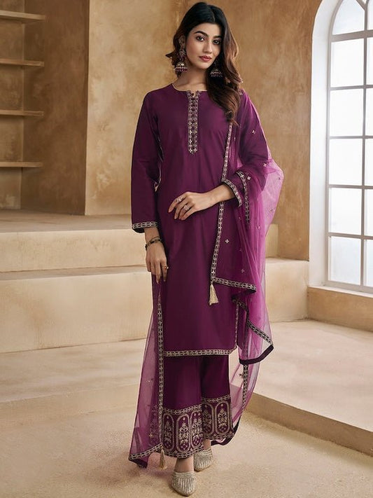 Ethnic Motifs Yoke Design Pure Silk Kurta with Trousers & Dupatta - Inddus.com