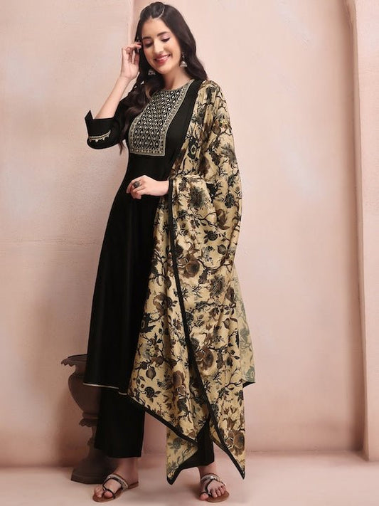 Ethnic Motifs Yoke Design Regular Thread Work Kurta with Trousers & With Dupatta - Inddus.com