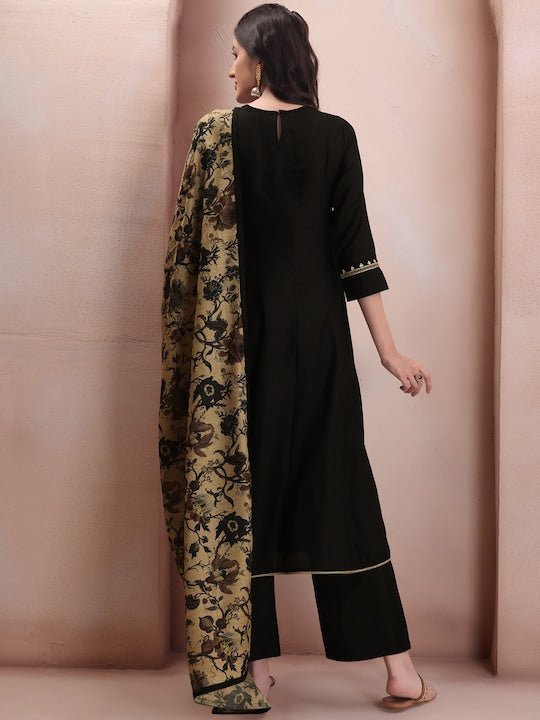 Ethnic Motifs Yoke Design Regular Thread Work Kurta with Trousers & With Dupatta - Inddus.com