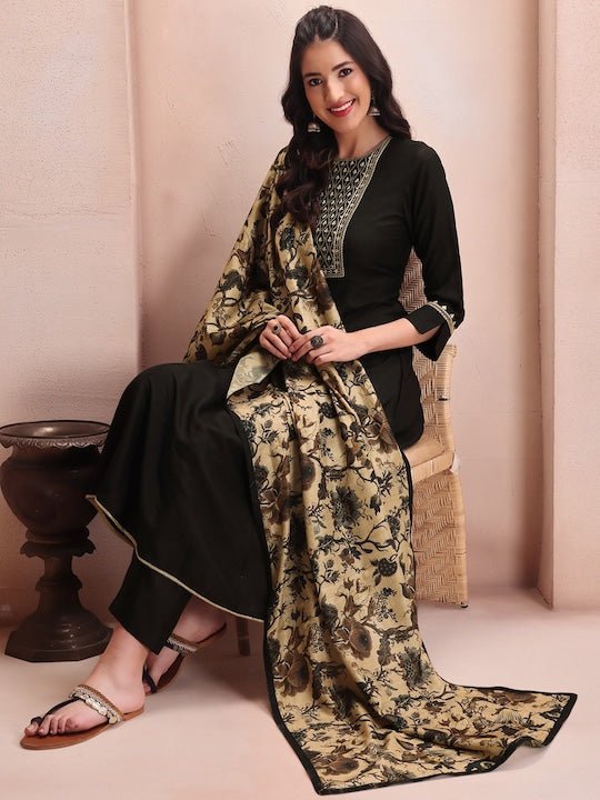 Ethnic Motifs Yoke Design Regular Thread Work Kurta with Trousers & With Dupatta - Inddus.com