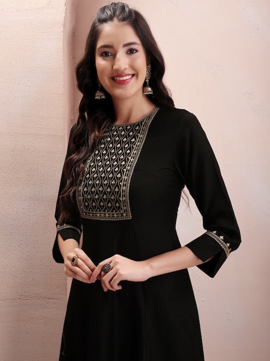 Ethnic Motifs Yoke Design Regular Thread Work Kurta with Trousers & With Dupatta - Inddus.com