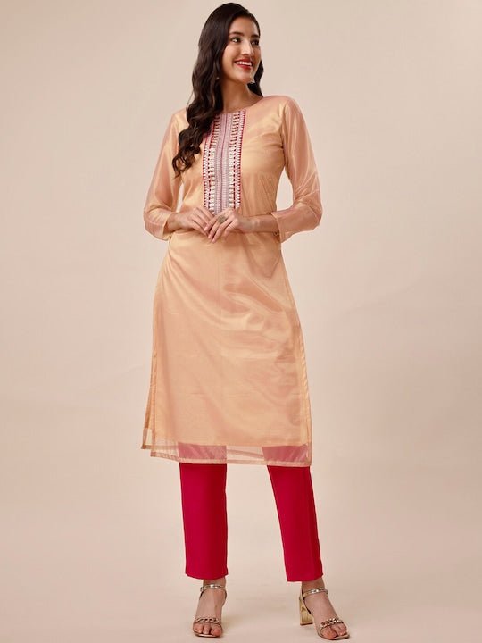 Ethnic Motifs Yoke Design Sequined Kurta With Trousers & Dupatta - Inddus.com