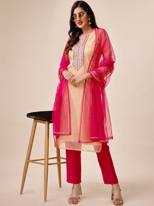 Ethnic Motifs Yoke Design Sequined Kurta With Trousers & Dupatta - Inddus.com