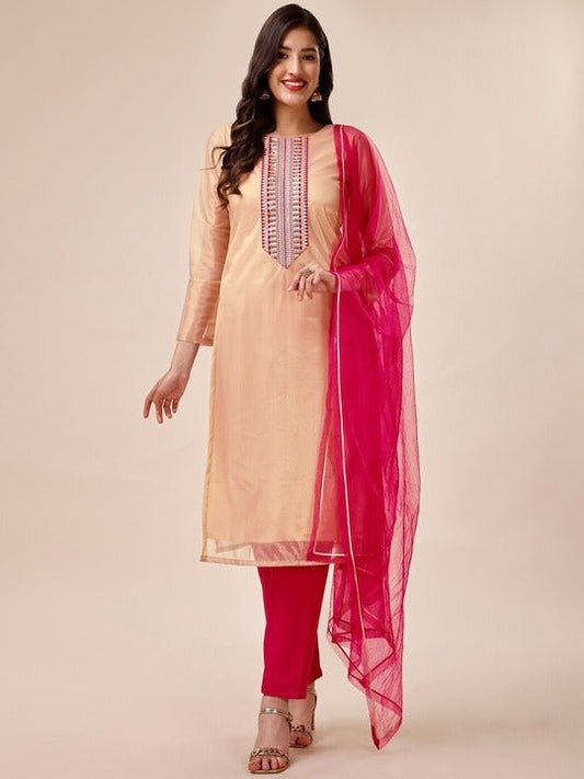 Ethnic Motifs Yoke Design Sequined Kurta With Trousers & Dupatta - Inddus.com