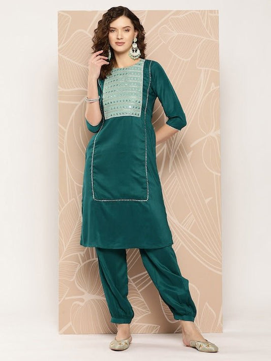 Ethnic Motifs Yoke Design Sequinned Kurta With Salwar & Dupatta - Inddus.com