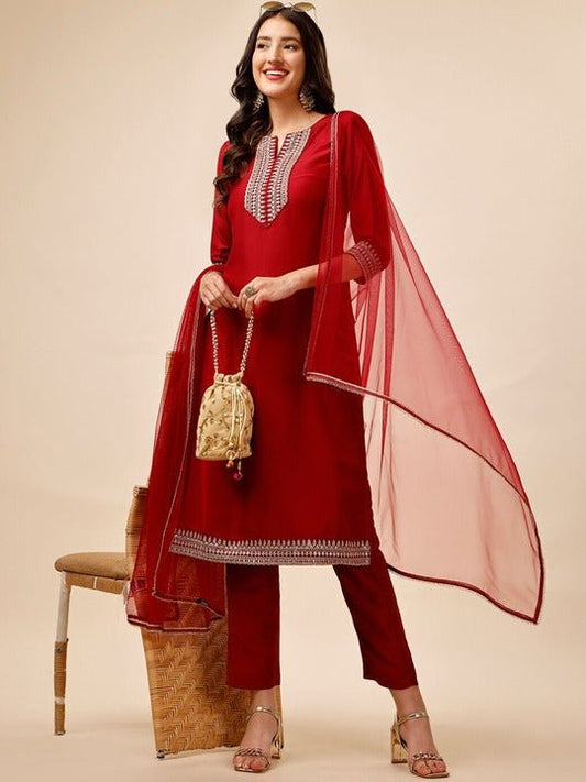 Ethnic Motifs Yoke Design Sequinned Kurta With Trousers & Dupatta - Inddus.com