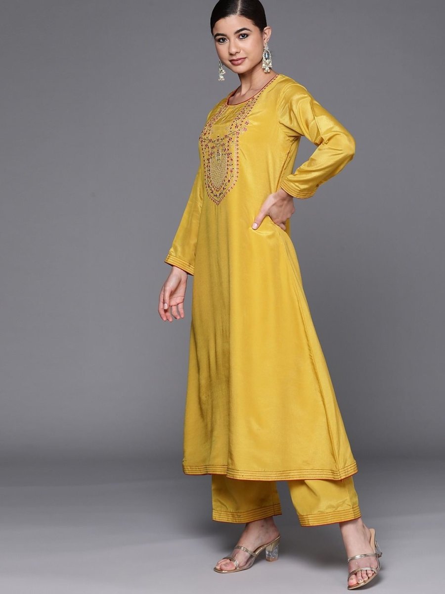 exotic yellow silk blend embroidered kurta set