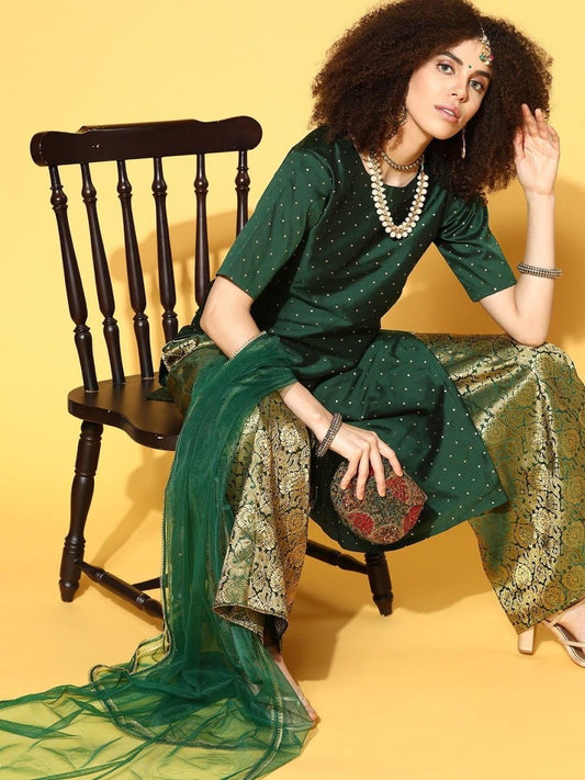 fantastic green silk blend woven design kurta set