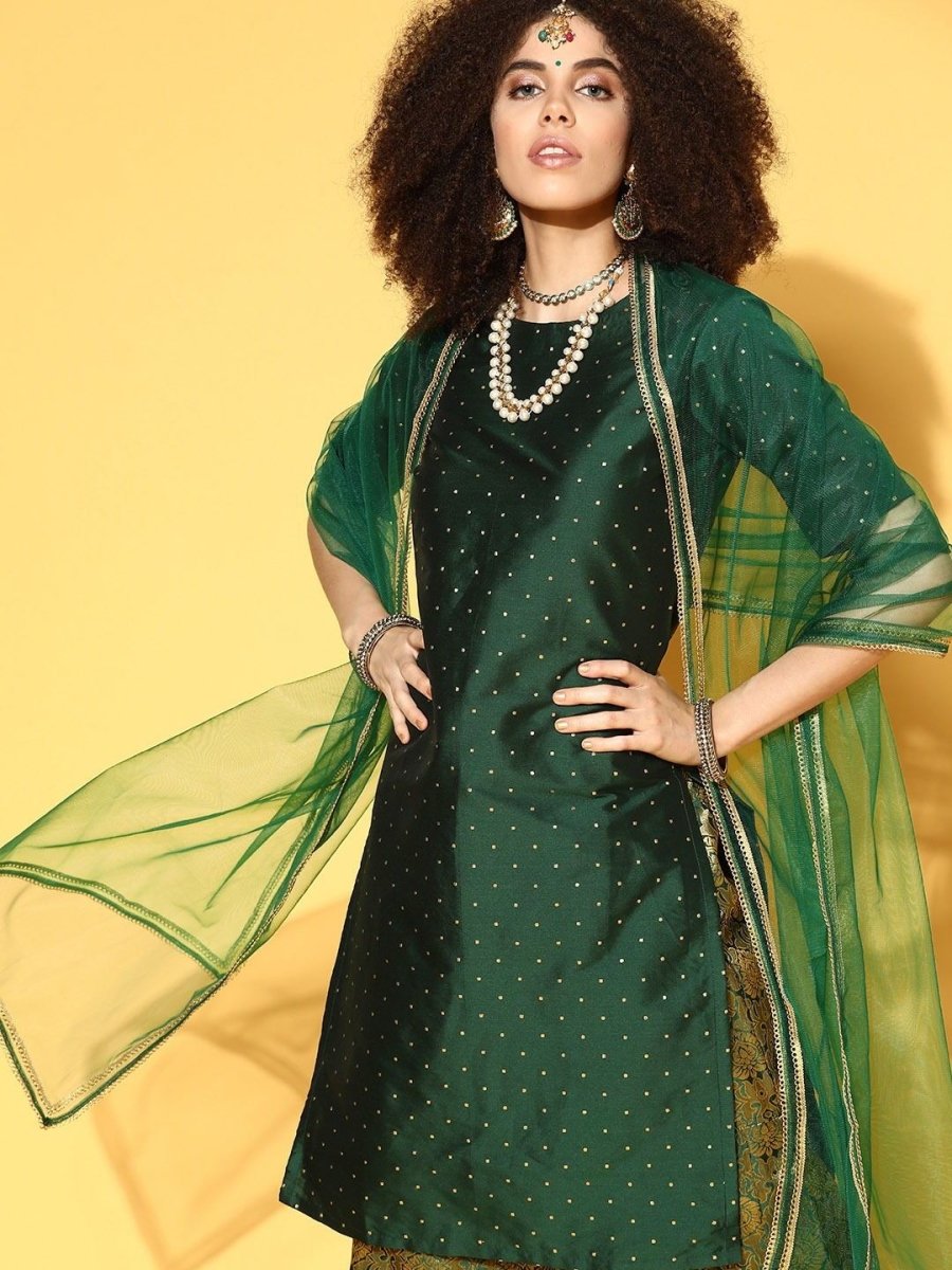 fantastic green silk blend woven design kurta set