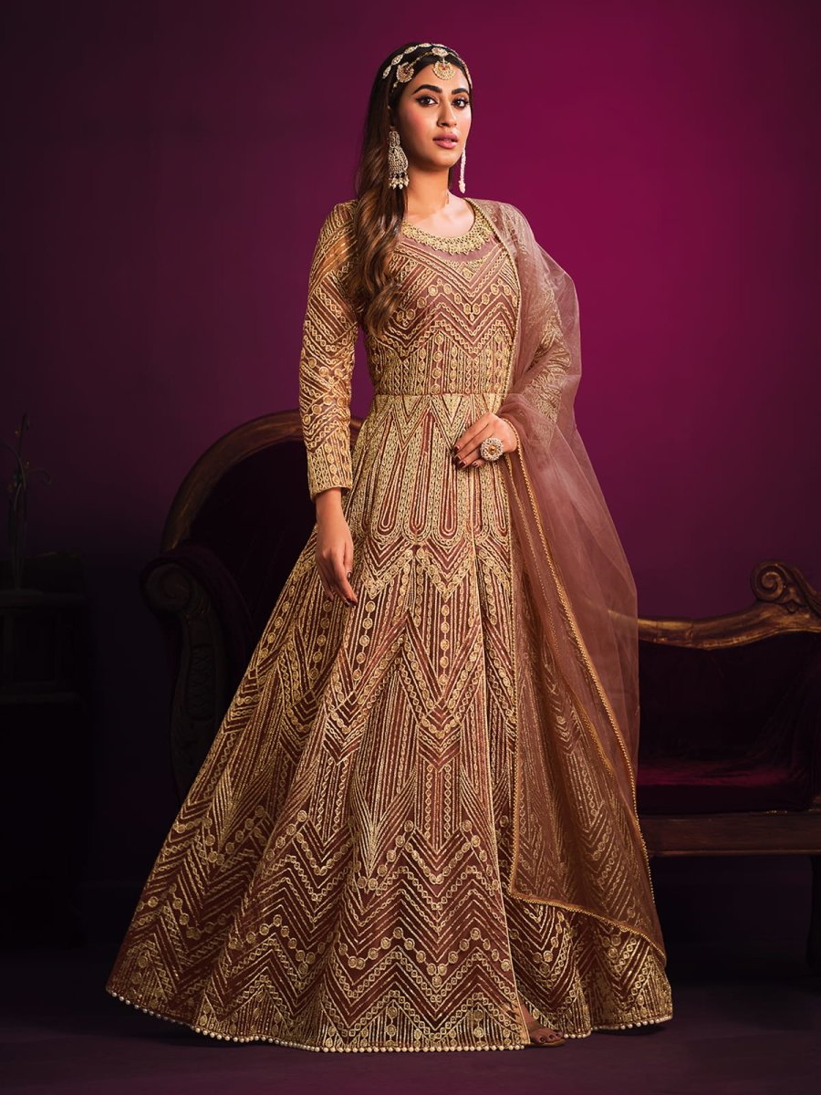 Fantastic Peach Net Embroidered Festive Gown - Inddus.com