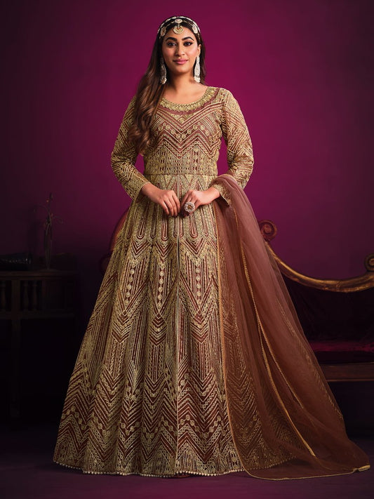 Fantastic Peach Net Embroidered Festive Gown - Inddus.com