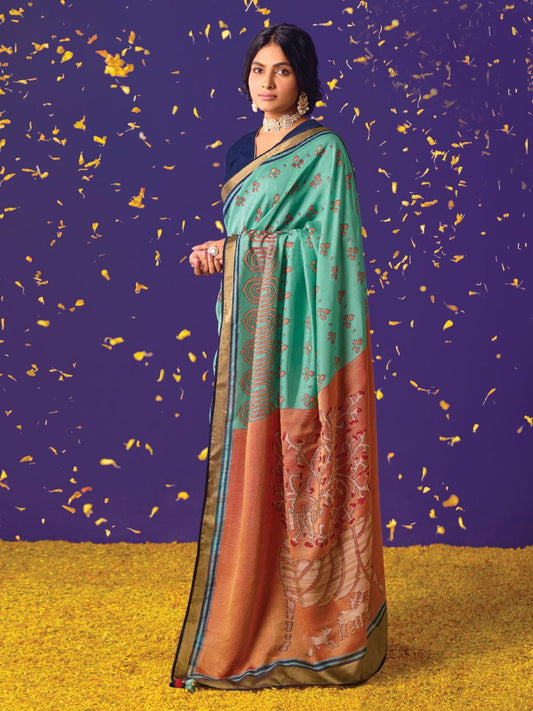 Firozi Brasso Embroidered Saree - Inddus.com