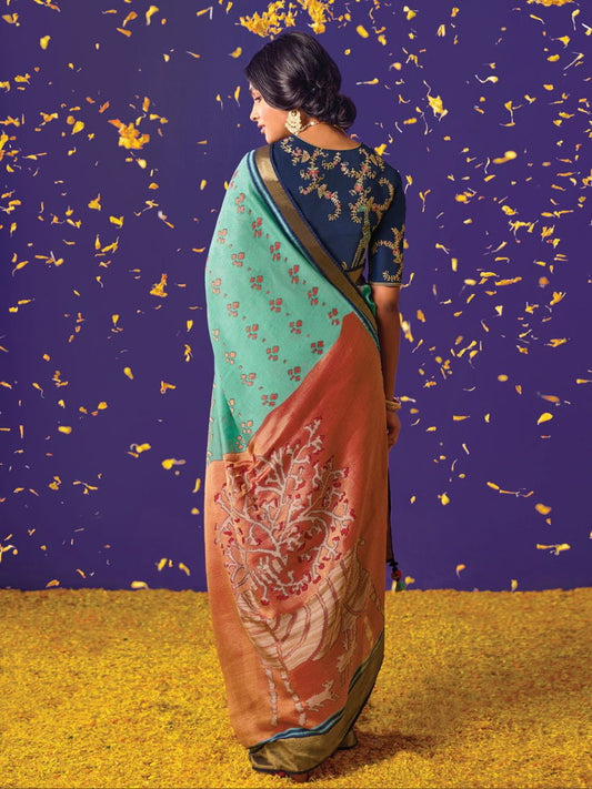 Firozi Brasso Embroidered Saree - Inddus.com