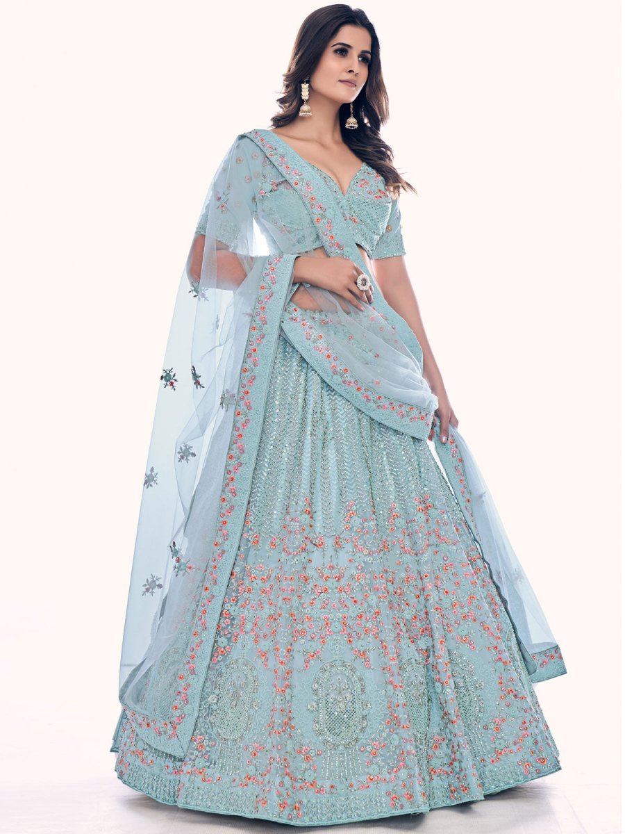 Firozi Net Embroidered Lehenga Choli - Inddus.com