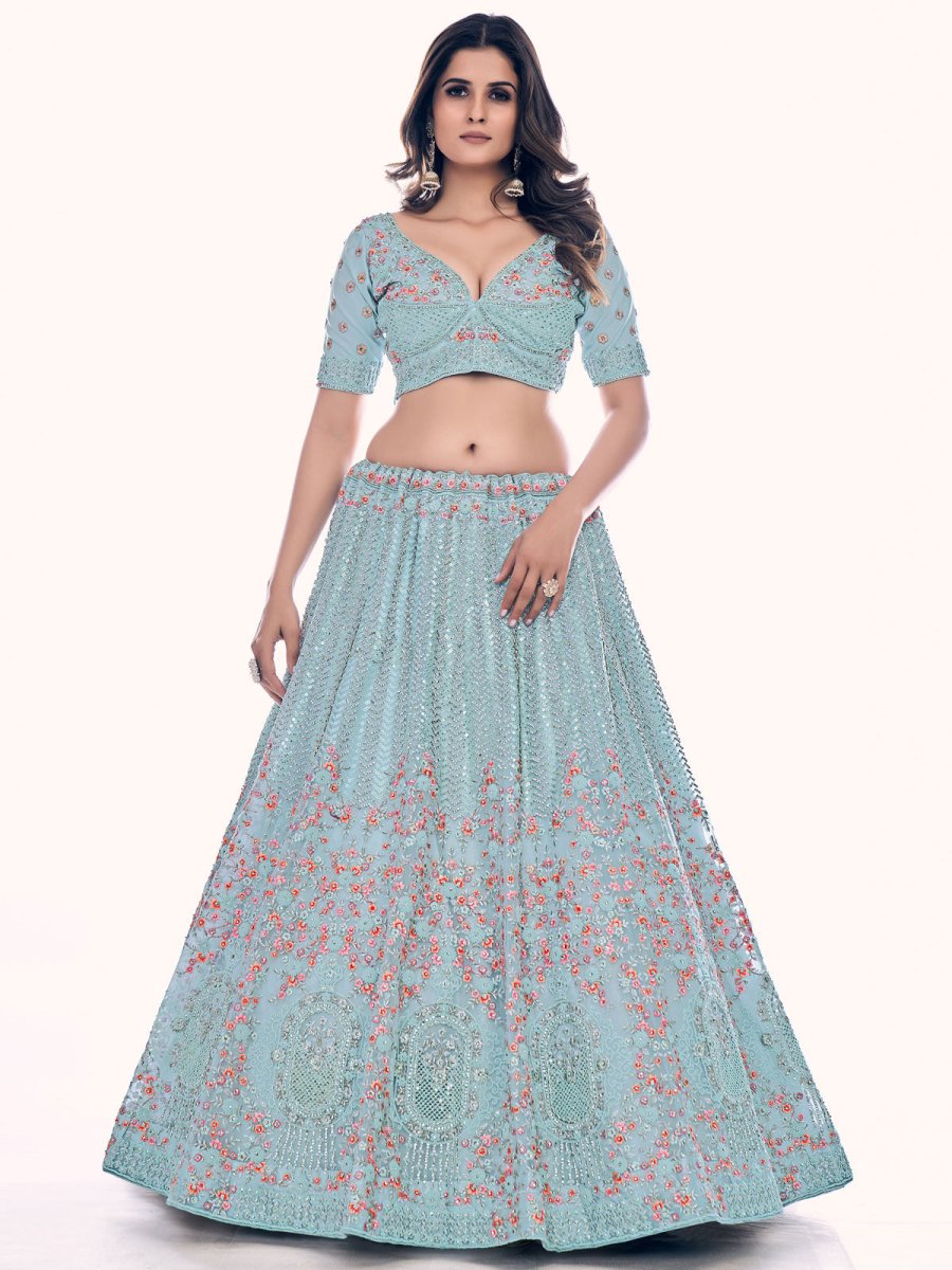 Firozi Net Embroidered Lehenga Choli - Inddus.com