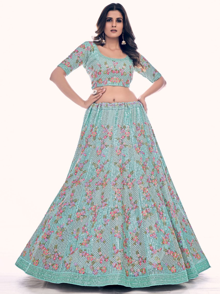 Firozi Net Embroidered Lehenga Choli - Inddus.com