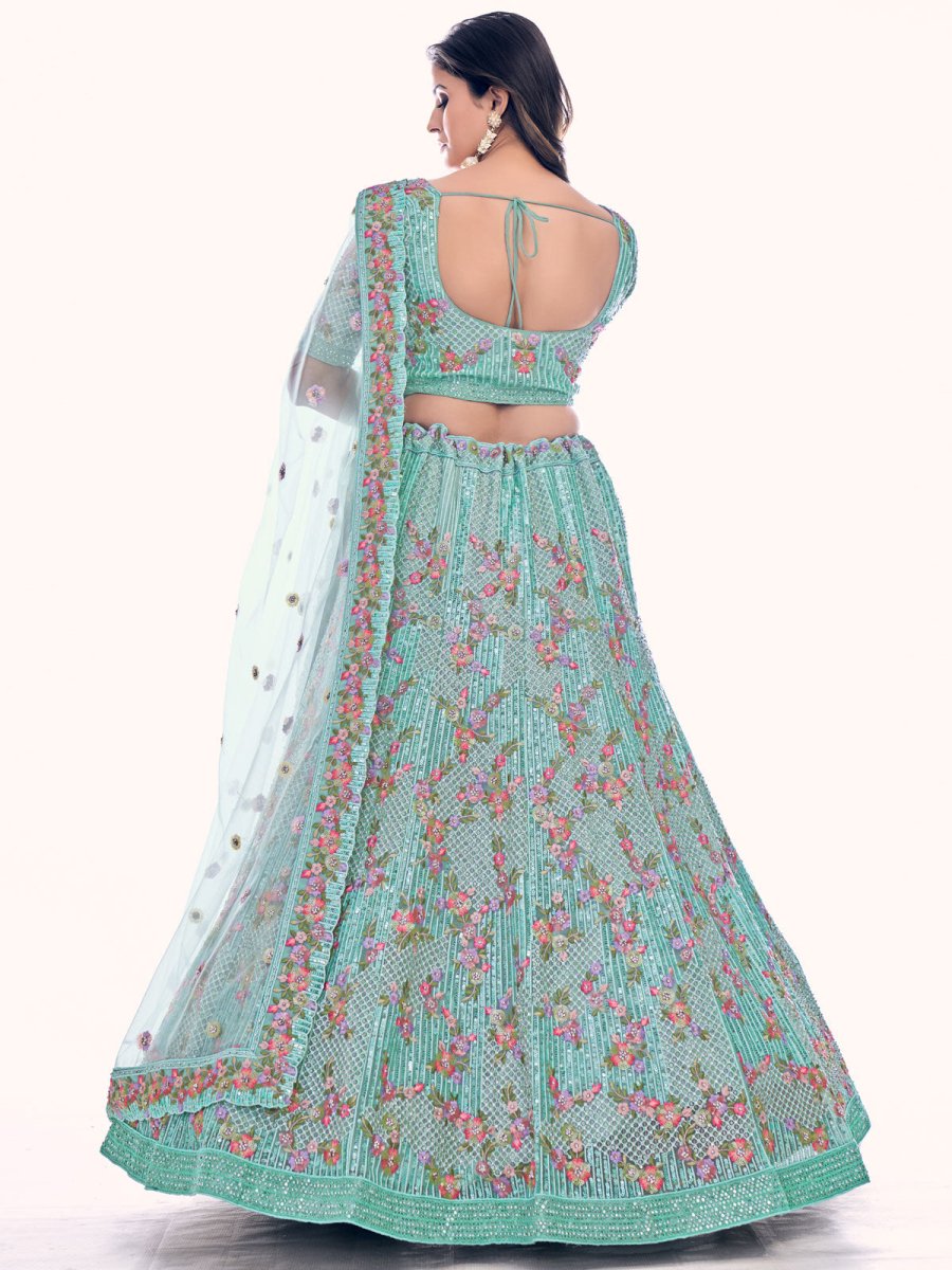 Firozi Net Embroidered Lehenga Choli - Inddus.com