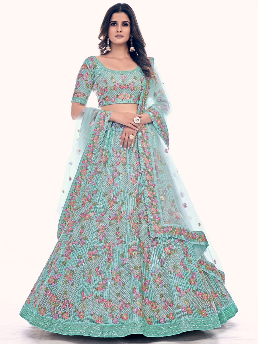 Firozi Net Embroidered Lehenga Choli - Inddus.com