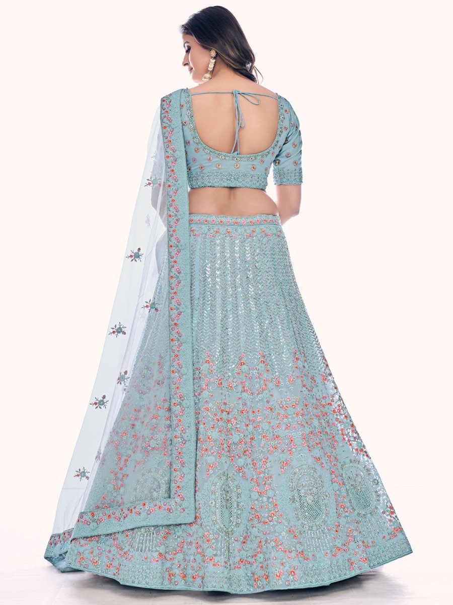 Firozi Net Embroidered Lehenga Choli - Inddus.com