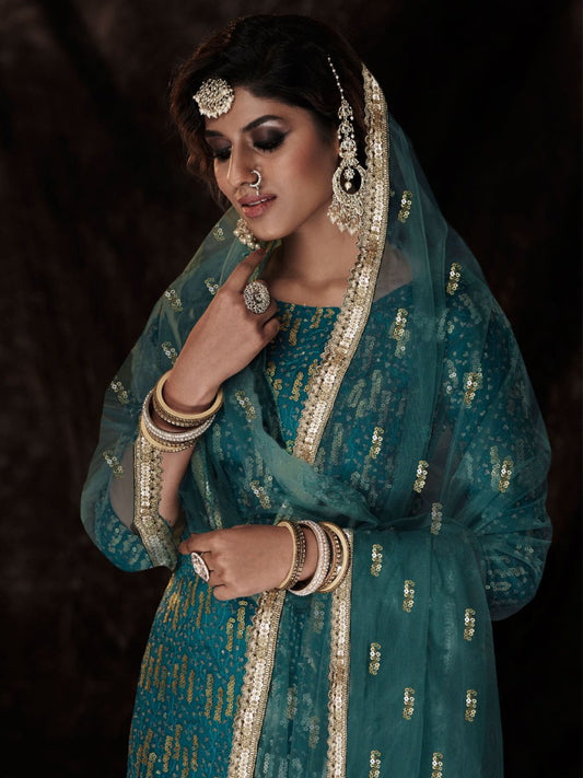 Firozi Net Embroidered Sharara-Style-Suit - Inddus.com