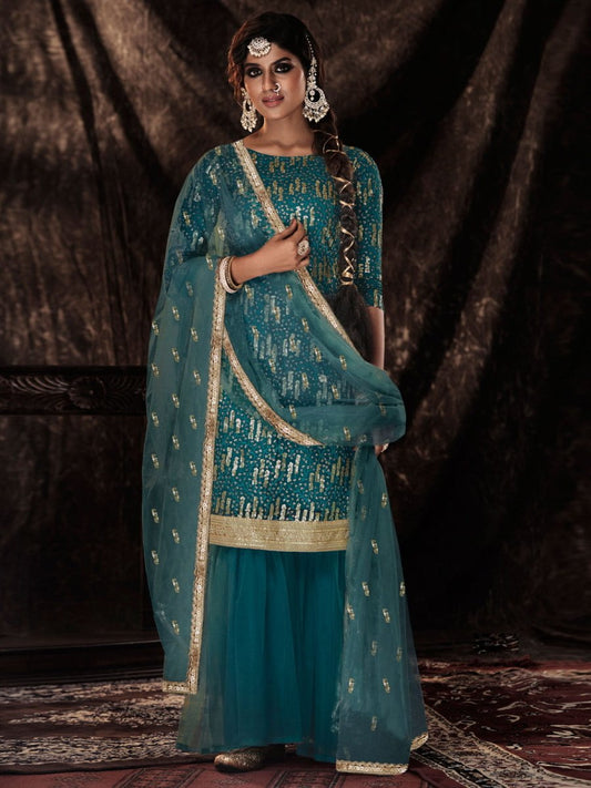 Firozi Net Embroidered Sharara-Style-Suit - Inddus.com