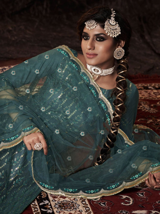 Firozi Net Embroidered Sharara-Style-Suit - Inddus.com