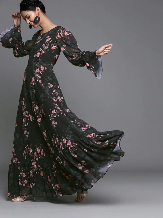 Floral Black Georgette Partywear Maxi Dress - inddus-us