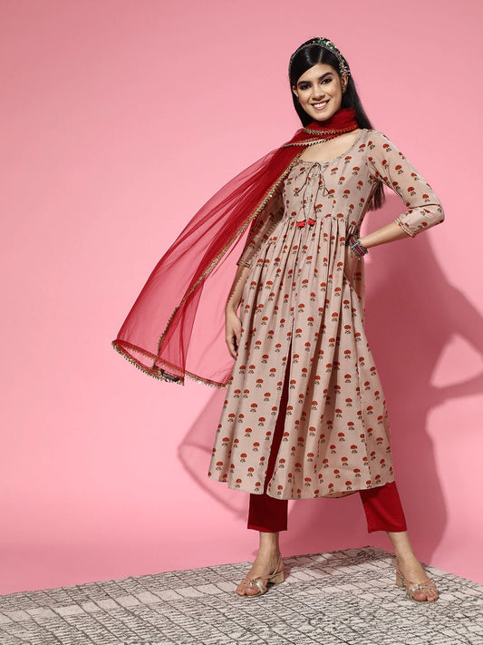 Floral Chanderi Cotton Scalloped Edge Kurta Set - Inddus.com