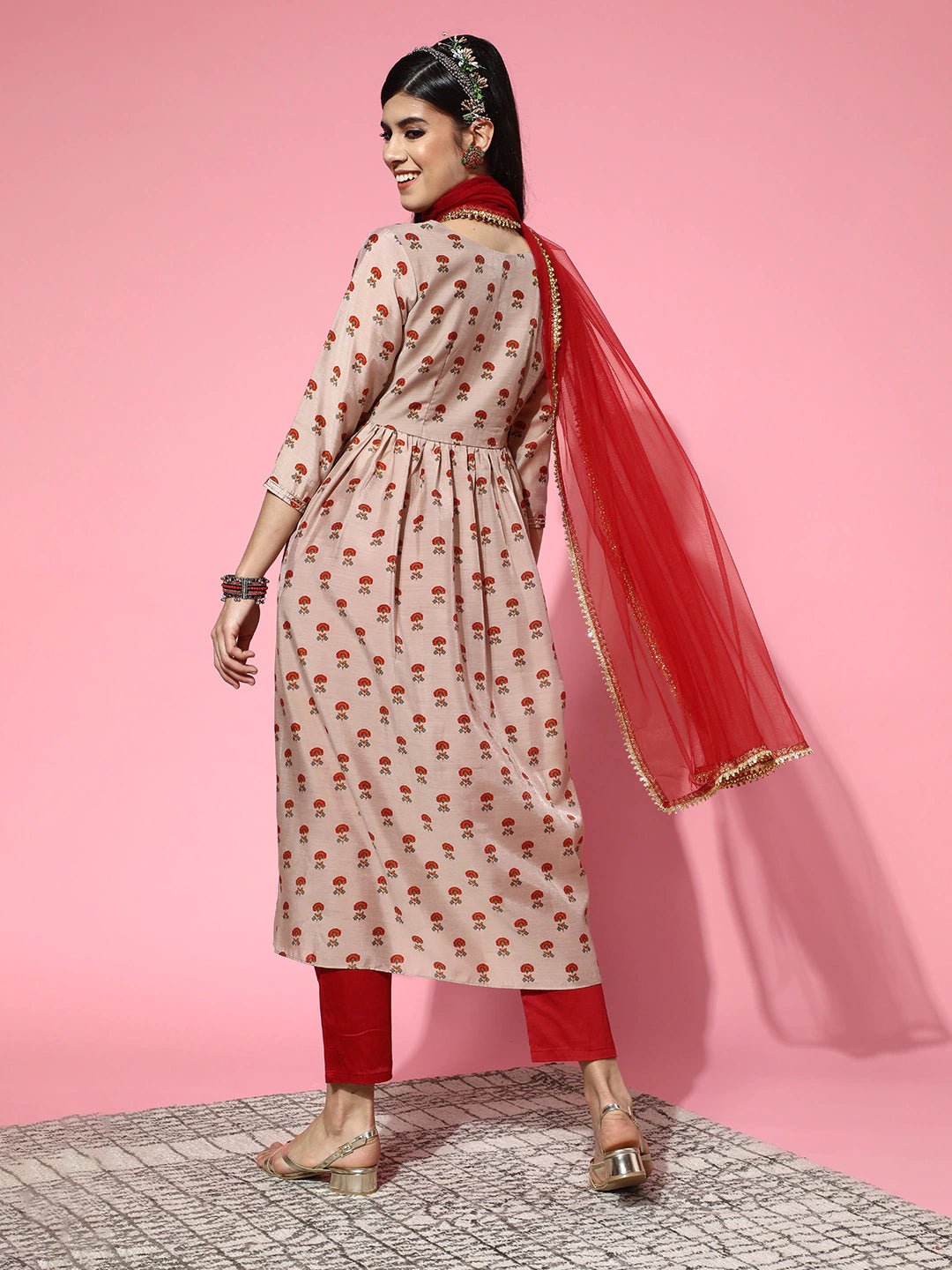 Floral Chanderi Cotton Scalloped Edge Kurta Set - Inddus.com