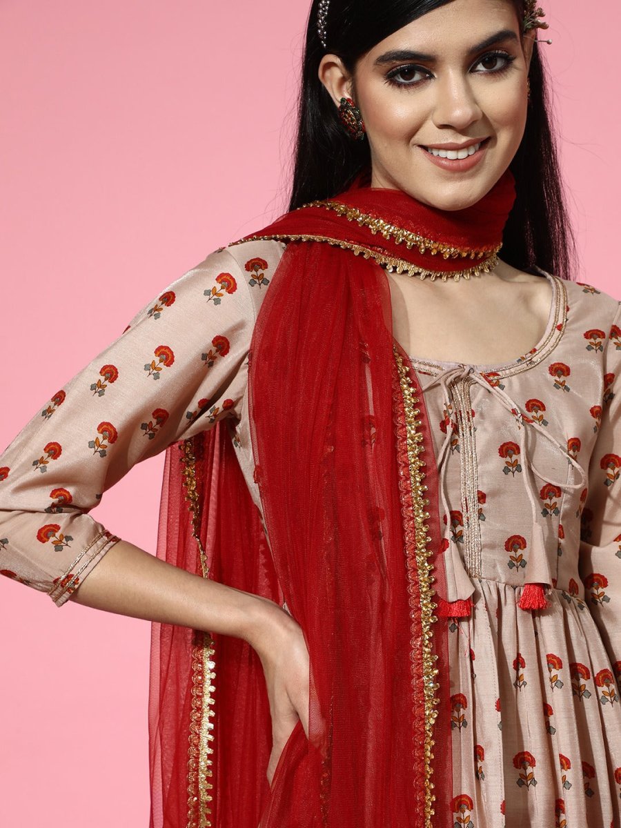 Floral Chanderi Cotton Scalloped Edge Kurta Set - Inddus.com