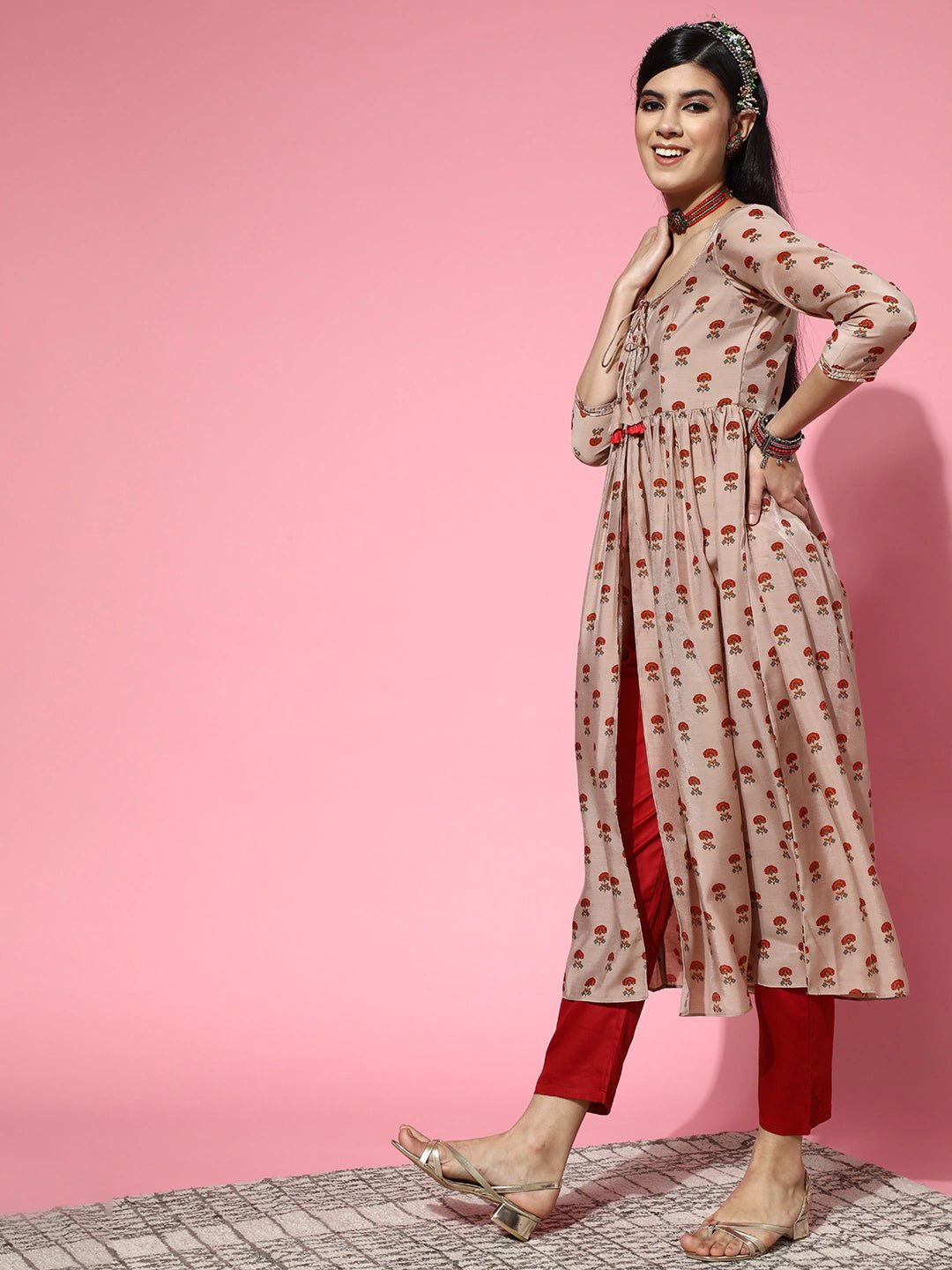 Floral Chanderi Cotton Scalloped Edge Kurta Set - Inddus.com