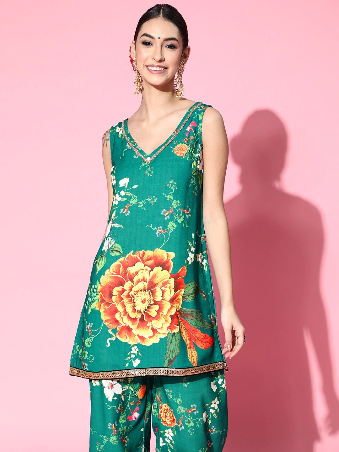 Floral Cotton Blend Short Kurti with Flared Pants - Inddus.com