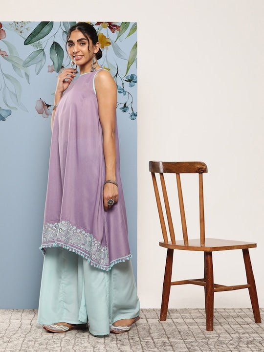 Floral Embroidered A-Line Kurta With Palazzos - Inddus.com