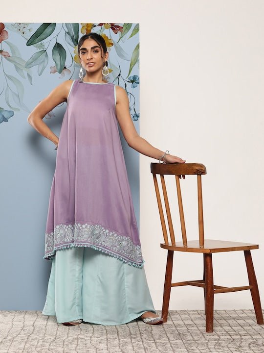 Floral Embroidered A-Line Kurta With Palazzos - Inddus.com