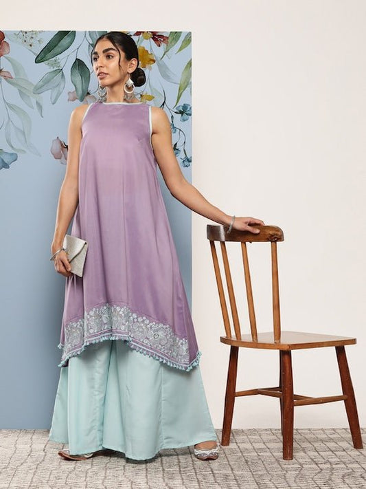 Floral Embroidered A-Line Kurta With Palazzos - Inddus.com