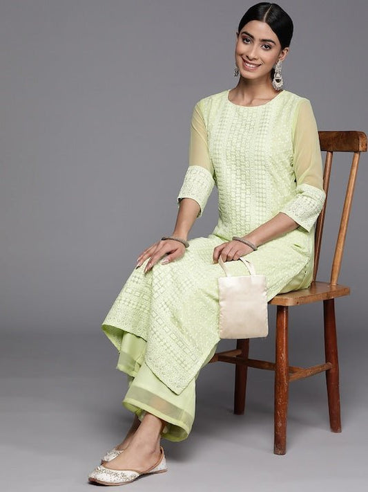 Floral Embroidered Chikankari Kurta with Palazzos - Inddus.com