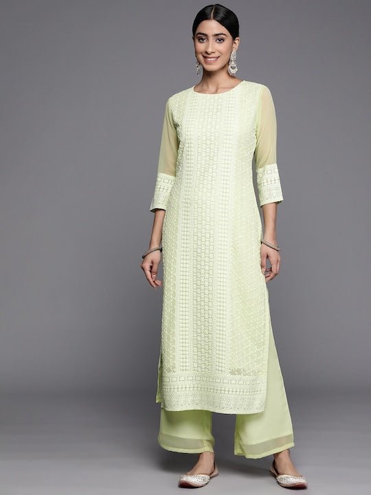 Floral Embroidered Chikankari Kurta with Palazzos - Inddus.com