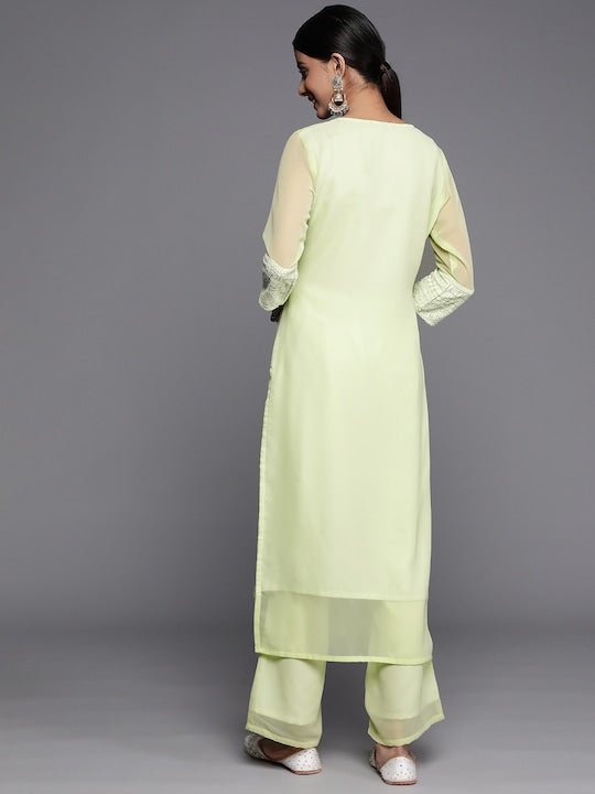 Floral Embroidered Chikankari Kurta with Palazzos - Inddus.com