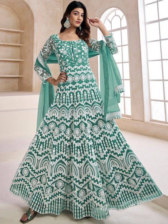 Floral Embroidered Fit & Flare Maxi Ethnic Dresses With Dupatta – Inddus.com