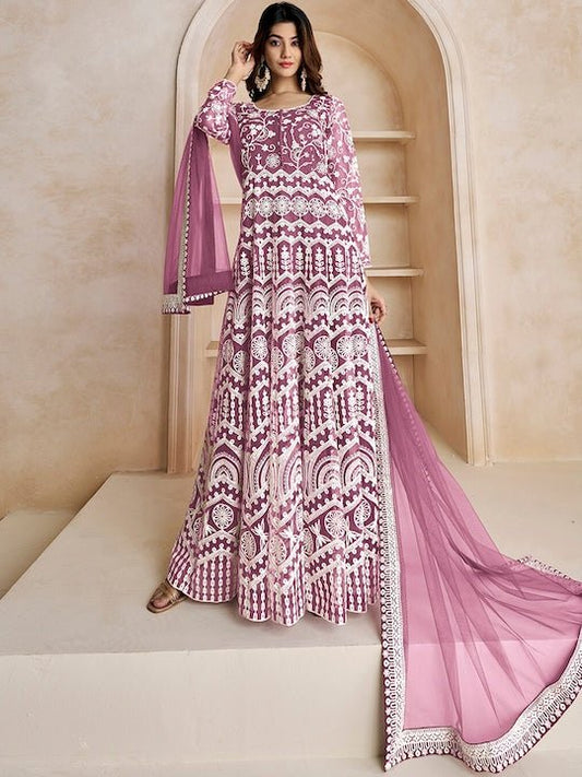 Floral Embroidered Fit & Flare Maxi Ethnic Dresses With Dupatta - Inddus.com