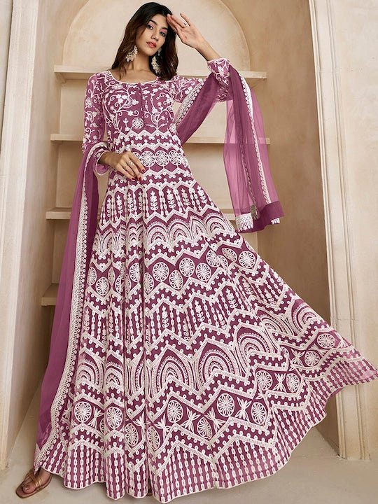 Floral Embroidered Fit & Flare Maxi Ethnic Dresses With Dupatta - Inddus.com