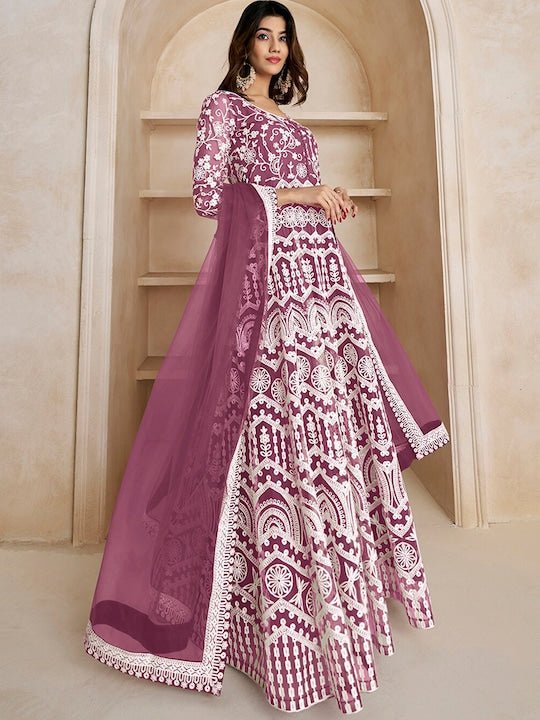 Floral Embroidered Fit & Flare Maxi Ethnic Dresses With Dupatta - Inddus.com