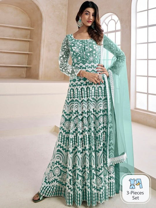 Floral Embroidered Fit & Flare Maxi Ethnic Dresses With Dupatta - Inddus.com