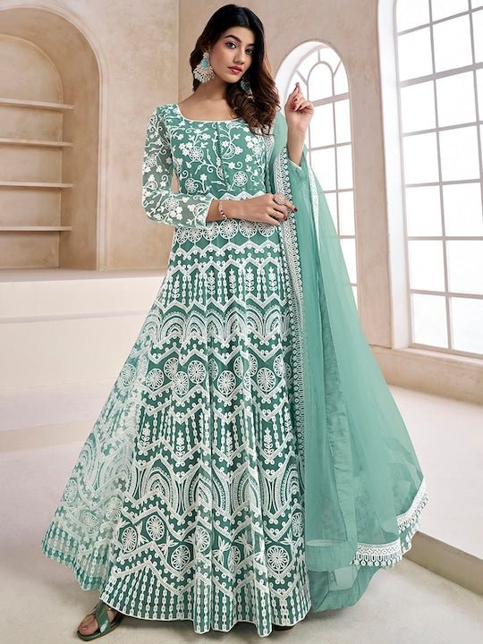 Floral Embroidered Fit & Flare Maxi Ethnic Dresses With Dupatta - Inddus.com