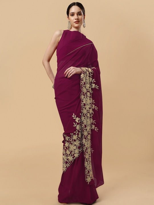 Floral Embroidered Gotta Patti Detail Saree - Inddus.com